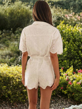 Cargar imagen en el visor de la galería, Button Up Collared V-Neck Waist Tie Eyelet Romper
