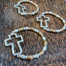 Cargar imagen en el visor de la galería, Gold or Silver Hammered Cross Mixed Metal Stretch Bracelet
