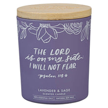 Load image into Gallery viewer, Glass Candle w/Bamboo Lid  - Purple, No Fear Ps. 118:6
