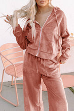 Cargar imagen en el visor de la galería, Peach Blossom Velvet Zip-up Hoodie and Wide Leg Pants Set

