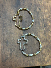 Cargar imagen en el visor de la galería, Gold or Silver Hammered Cross Mixed Metal Stretch Bracelet
