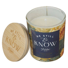 Load image into Gallery viewer, Glass Candle w/Bamboo Lid - Floral,  Be Still Ps. 46:10
